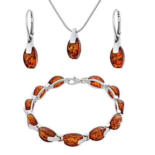 AMBEDORA Großes Damen-Set Amber 015, Sterling Silber Finish Glanz, Cognacfarbener Baltischer Bernstein, Armband, Anhänger mit Kette und Ohrstecker von AMBEDORA