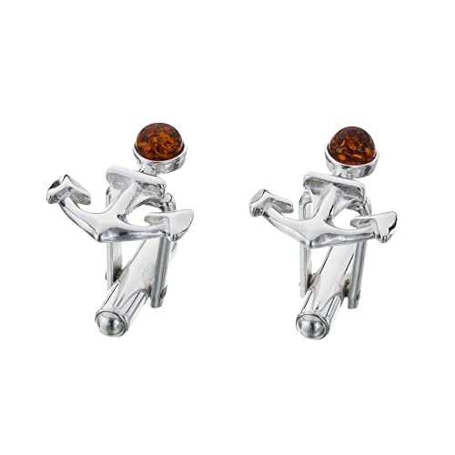 AMBEDORA Herren Sterling-Silber 925 Manschettenknöpfe Anker mit rundem Bernstein in der Farbe Cognac, Geschenkset von AMBEDORA