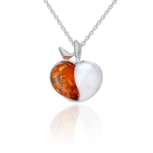 AMBEDORA Kleine Damen Apfel Halskette mit Bernstein, Sterling Silber Poliert, Baltischer Bernstein in Cognac Farbe, Silber Anhänger mit Kette AMBEDORA Kleine Damen Apfel Halskette mit Bernstein, Sterling Silber Poliert, Baltischer Bernstein in Cognac Farbe, Silber Anhänger mit Kette von AMBEDORA