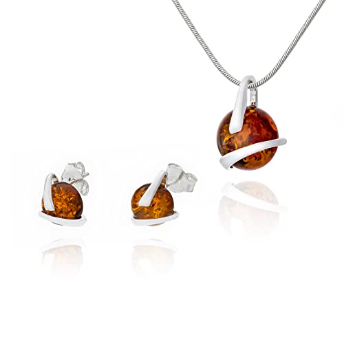 AMBEDORA Kleines Damen Schmuck Set Amber 344, Anhänger mit Kette und Ohrringen, Baltischen Bernstein in Cognacfarbe, Sterling Silber 925, Geschenkidee von AMBEDORA