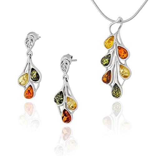 AMBEDORA Kleines Damen Schmuck Set Amber 458, Anhänger mit Kette und Ohrringen, Bunten Baltischen Bernstein, Sterling Silber 925, Geschenkidee von AMBEDORA