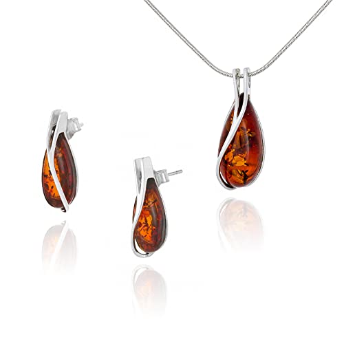 AMBEDORA Kleines Damen Schmuck Set Amber 598, Anhänger mit Kette und Ohrringen, Baltischen Bernstein, Sterling Silber 925, Geschenkidee von AMBEDORA