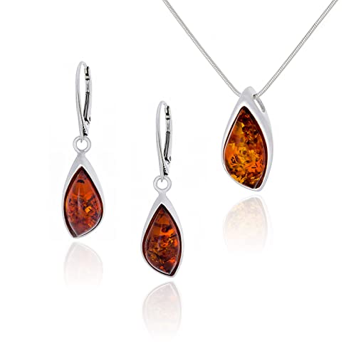 AMBEDORA Kleines Damen Schmuck Set Amber 846B, Anhänger mit Kette und Ohrringen, Baltischen Bernstein in Cognacfarbe, Sterling Silber 925, Geschenkidee von AMBEDORA