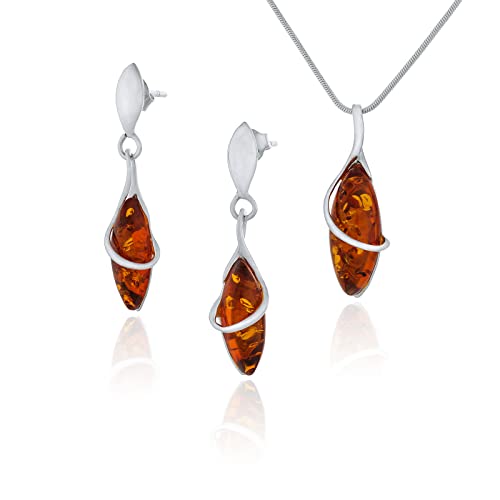 AMBEDORA Kleines Damen Schmuck Set Marquise, Sterling Silber 925 Finish Glanz, Cognacfarbener Baltischer Bernstein, Anhänger mit Kette und Ohrringen von AMBEDORA