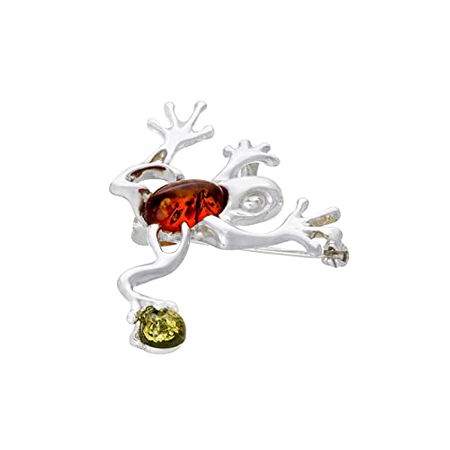 AMBEDORA Silber Brosche Frosch mit Bernstein für Damen I Baltischer Bernstein in Zwei Farben | Sterling Silber 925 | Geschenke für Frauen von AMBEDORA