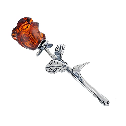 Damen Brosche, 925 Silber oxidiert, Bernstein Röslein handgeschnitzt, Kleine Silber Brosche mit Bernstein Rose in Cognac Farbe 2g von AMBEDORA