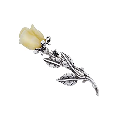 Damen Brosche, 925 Silber oxidiert, Bernstein Röslein handgeschnitzt, Silber Brosche mit Bernstein Rose in Milchfarbe 5g von AMBEDORA