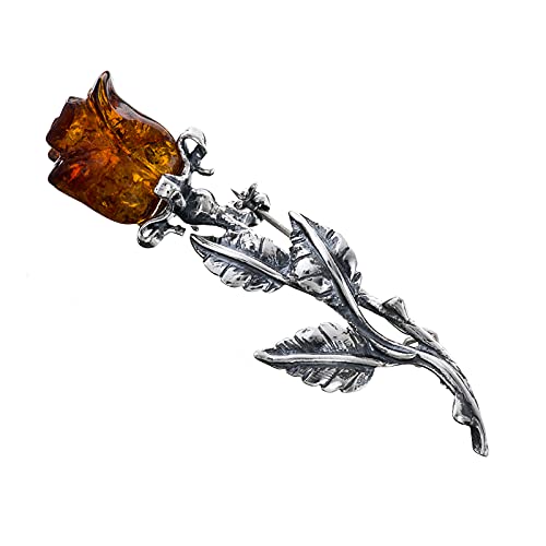 Damen Brosche 925 Silber oxidiert Rose baltischen Bernstein Hand geschnitzt Brosche mit Bernstein Rose in Cognac sichere Schließe fertig gemacht Geschenk-Set Valentinstag Hochzeitstag von AMBEDORA