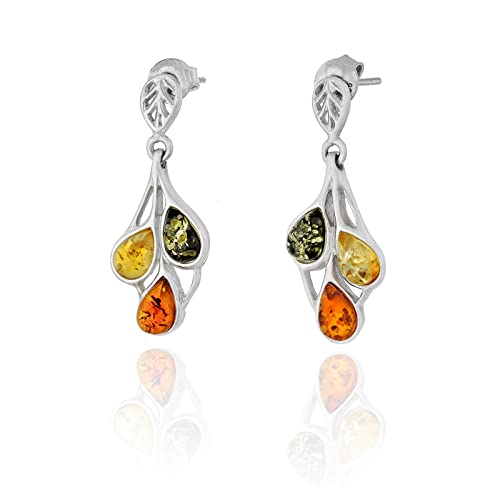 Damen Silber Ohrringe mit Bernstein, Baltischer Bernstein In Farbe Cognac, Grün, Zitrone, Sterling Silber 925, Geschenk für Frauen von AMBEDORA