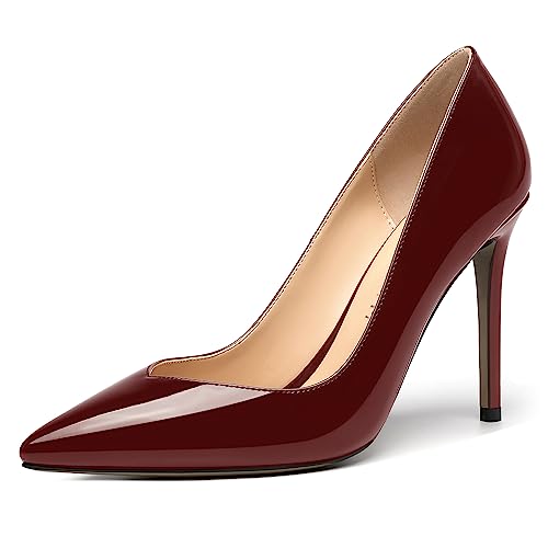 AMBELIGHT Damen Office Schnellverschluss High Heel Lackleder Dress Stiletto Spitze Zehenkappe 4 Inch Pumpe Burgund Größe 39 von AMBELIGHT