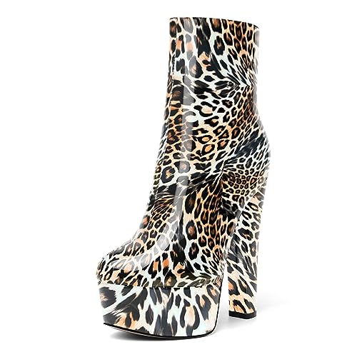 AMBELIGHT Damen Outdoor-Kleid, runder Zehenbereich, Reißverschluss, Plateau, Lackblock, hoher Absatz, knöchelhohe Stiefel, 15,2 cm, Goldfarbener Leopard, 37.5 EU von AMBELIGHT