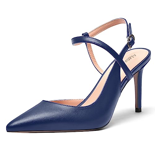 AMBELIGHT Damen-Pumps für Hochzeit, sexy, solide Schnalle, matt, verstellbarer Riemen, spitzer Zehenbereich, Stiletto, hoher Absatz, 8,4 cm, marineblau, 41 EU von AMBELIGHT