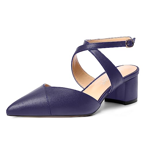 AMBELIGHT Damen-Pumps mit Knöchelriemen, matte Schnalle, einfarbig, spitzer Zehenbereich, Block, niedriger Absatz, 5,1 cm, marineblau, 39 EU von AMBELIGHT