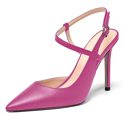 AMBELIGHT Damen-Pumps mit Knöchelriemen, sexy Schnalle, matt, spitzer Zehenbereich, Stiletto, hoher Absatz, 10,2 cm, magenta, 41 EU von AMBELIGHT