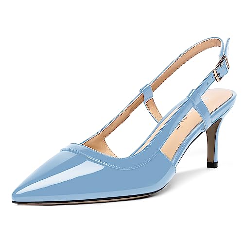 AMBELIGHT Damen-Pumps mit Lackschnalle, Slingback, solide spitzer Zehenbereich, 6,3 cm, hellblau, 38.5 EU von AMBELIGHT