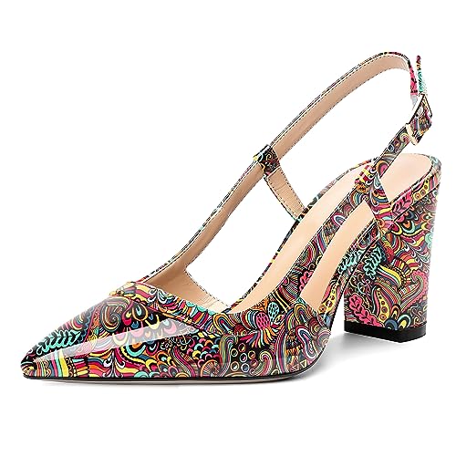 AMBELIGHT Damen-Pumps mit Lackschnalle, für Hochzeit, Slingback, spitzer Zehenbereich, Blockabsatz, 8,4 cm, Bunte Graffiti, 40.5 EU von AMBELIGHT