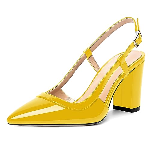 AMBELIGHT Damen-Pumps mit Lackschnalle, für Hochzeit, Slingback, spitzer Zehenbereich, Blockabsatz, 8,4 cm, gelb, 41 EU von AMBELIGHT