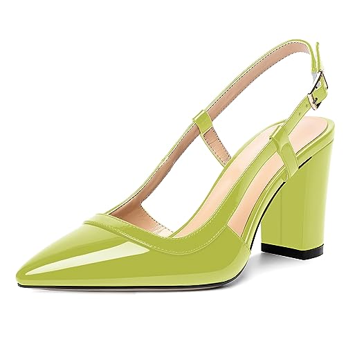 AMBELIGHT Damen-Pumps mit Lackschnalle, für Hochzeit, Slingback, spitzer Zehenbereich, Blockabsatz, 8,4 cm, gelbgrün, 37.5 EU von AMBELIGHT