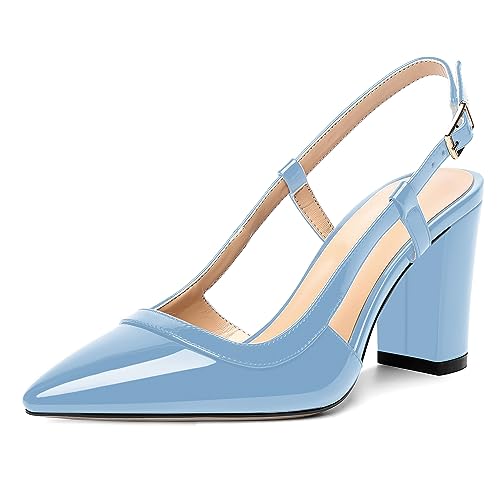 AMBELIGHT Damen-Pumps mit Lackschnalle, für Hochzeit, Slingback, spitzer Zehenbereich, Blockabsatz, 8,4 cm, hellblau, 39.5 EU von AMBELIGHT