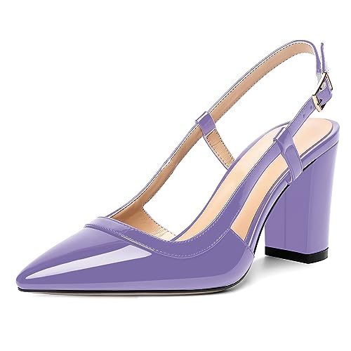 AMBELIGHT Damen-Pumps mit Lackschnalle, für Hochzeit, Slingback, spitzer Zehenbereich, Blockabsatz, 8,4 cm, lavendel, 38 EU von AMBELIGHT