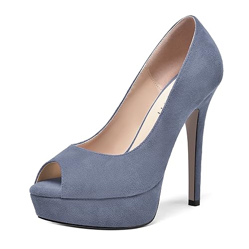 AMBELIGHT Damen-Pumps mit Peep-Toe-Plateau, für Hochzeit, zum Reinschlüpfen, Wildleder, Stiletto, hoher Absatz, 12,7 cm, grau/blau, 36.5 EU von AMBELIGHT