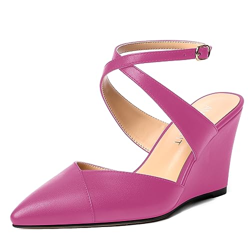 AMBELIGHT Damen Pumps mit Schnalle, Knöchelriemen, spitzer Zehenbereich, einfarbig, sexy, schmal, matt, Keilabsatz, 8,4 cm, magenta, 43.5 EU von AMBELIGHT