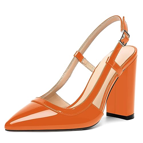 AMBELIGHT Damen-Pumps mit Schnalle, glänzend, Slingback, sexy, spitzer Zehenbereich, Block, hoher Absatz, 10,2 cm, Orange, 35.5 EU von AMBELIGHT