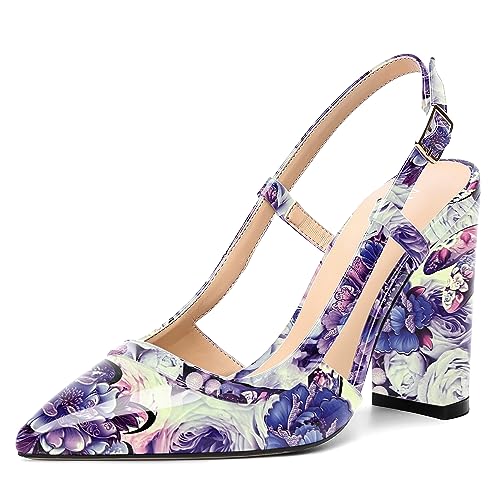 AMBELIGHT Damen-Pumps mit Schnalle, glänzend, Slingback, sexy, spitzer Zehenbereich, Block, hoher Absatz, 10,2 cm, Violette Blume, 41 EU von AMBELIGHT