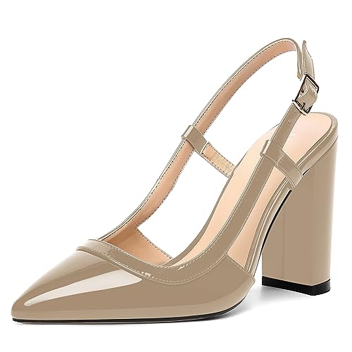 AMBELIGHT Damen-Pumps mit Schnalle, glänzend, Slingback, sexy, spitzer Zehenbereich, Block, hoher Absatz, 10,2 cm, beige, 36.5 EU von AMBELIGHT