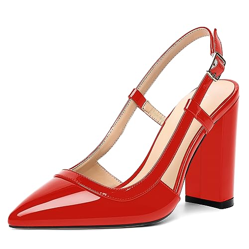 AMBELIGHT Damen-Pumps mit Schnalle, glänzend, Slingback, sexy, spitzer Zehenbereich, Block, hoher Absatz, 10,2 cm, rot, 40 EU von AMBELIGHT