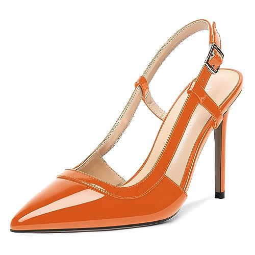 AMBELIGHT Damen-Pumps mit Schnalle, schmal, spitzer Zehenbereich, verstellbarer Riemen, Stiletto, hoher Absatz, 10,2 cm, Orange, 37.5 EU von AMBELIGHT