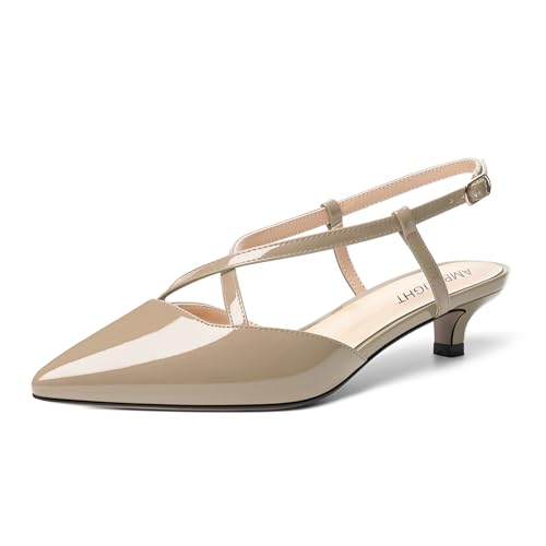 AMBELIGHT Damen-Pumps mit Schnalle, verstellbarer Riemen, sexy, spitzer Zehenbereich, solides Lackleder, niedriger Absatz, 3,8 cm, beige, 42.5 EU von AMBELIGHT