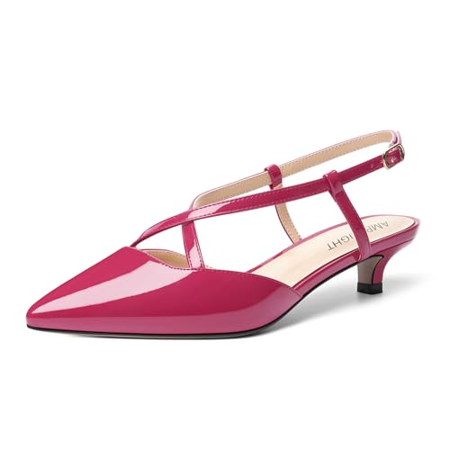 AMBELIGHT Damen-Pumps mit Schnalle, verstellbarer Riemen, sexy, spitzer Zehenbereich, solides Lackleder, niedriger Absatz, 3,8 cm, magenta, 38 EU von AMBELIGHT