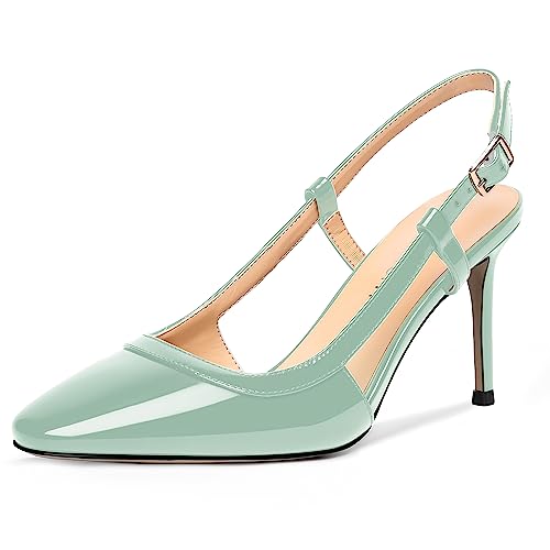 AMBELIGHT Damen-Pumps mit Schnalle und quadratischem Zehenbereich, Stiletto-Absatz, 8,4 cm, türkis, 43 EU von AMBELIGHT