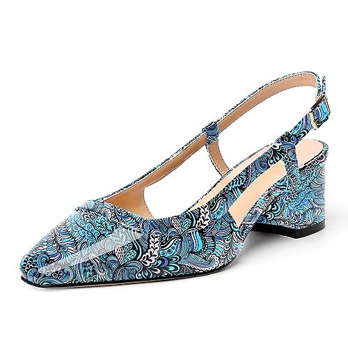 AMBELIGHT Damen-Pumps mit Slingback, Lackschnalle, quadratischer Zehenbereich, Büromode, klobig, niedriger Absatz, 5,1 cm, Blauer Graffiti, 37.5 EU von AMBELIGHT