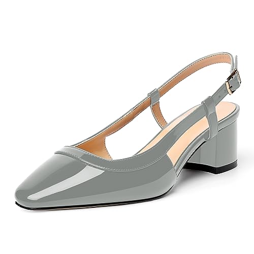 AMBELIGHT Damen-Pumps mit Slingback, Lackschnalle, quadratischer Zehenbereich, Büromode, klobig, niedriger Absatz, 5,1 cm, Graue Graffiti, 41.5 EU von AMBELIGHT