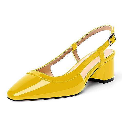 AMBELIGHT Damen-Pumps mit Slingback, Lackschnalle, quadratischer Zehenbereich, Büromode, klobig, niedriger Absatz, 5,1 cm, gelbgrün, 40 EU von AMBELIGHT