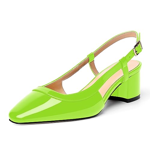 AMBELIGHT Damen-Pumps mit Slingback, Lackschnalle, quadratischer Zehenbereich, Büromode, klobig, niedriger Absatz, 5,1 cm, lindgrün, 39 EU von AMBELIGHT