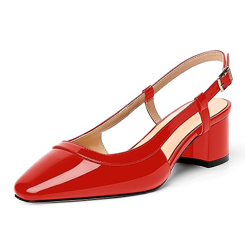 AMBELIGHT Damen-Pumps mit Slingback, Lackschnalle, quadratischer Zehenbereich, Büromode, klobig, niedriger Absatz, 5,1 cm, rot, 38.5 EU von AMBELIGHT