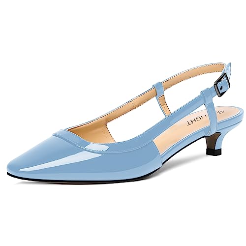 AMBELIGHT Damen-Pumps mit quadratischer Zehenpartie, Schnalle, Slingback, Patent, Kätzchen, niedriger Absatz, 3,8 cm, hellblau, 41 EU von AMBELIGHT