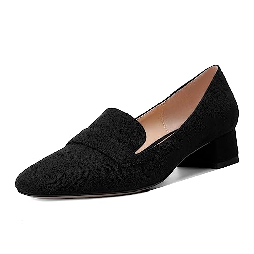 AMBELIGHT Damen-Pumps mit quadratischer Zehenpartie, lässig, Büro, zum Reinschlüpfen, Soild Wildleder, Blockabsatz, niedriger Absatz, 3,8, Schwarz, 38.5 EU von AMBELIGHT