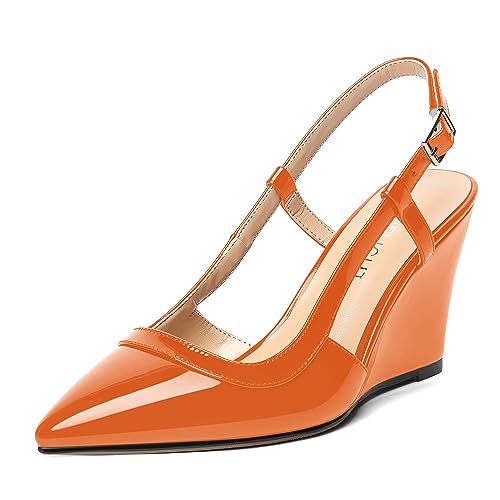 AMBELIGHT Damen-Pumps mit spitzem Zehenbereich, solide, verstellbarer Riemen, formelle Schnalle, Keilabsatz, 8,4 cm, Orange, 35.5 EU von AMBELIGHT