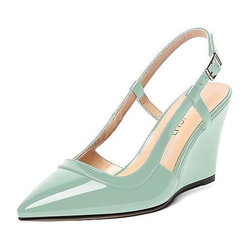 AMBELIGHT Damen-Pumps mit spitzem Zehenbereich, solide, verstellbarer Riemen, formelle Schnalle, Keilabsatz, 8,4 cm, türkis, 40 EU von AMBELIGHT