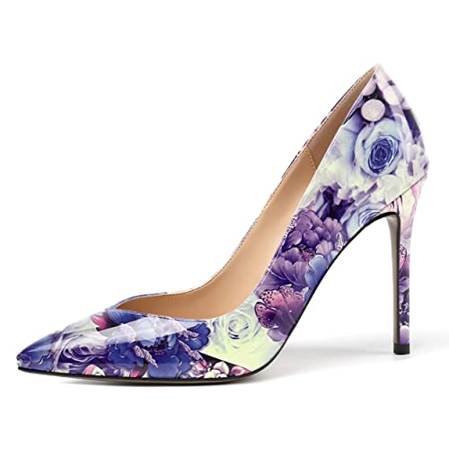 AMBELIGHT Damen-Pumps mit spitzem Zehenbereich, zum Reinschlüpfen, für Büro, Patent, Stiletto, hoher Absatz, 10,2 cm, Violette Blume, 41 EU von AMBELIGHT