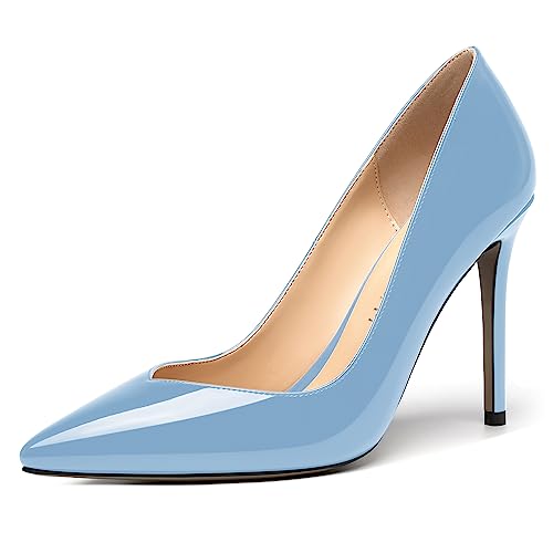 AMBELIGHT Damen-Pumps mit spitzem Zehenbereich, zum Reinschlüpfen, für Büro, Patent, Stiletto, hoher Absatz, 10,2 cm, hellblau, 38 EU von AMBELIGHT