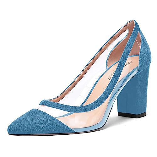 AMBELIGHT Damen-Pumps zum Reinschlüpfen, spitzer Zehenbereich, Veloursleder, Blockabsatz, 8,4 cm, himmelblau, 38 EU von AMBELIGHT