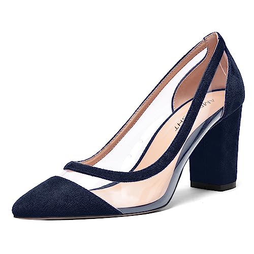 AMBELIGHT Damen-Pumps zum Reinschlüpfen, spitzer Zehenbereich, Veloursleder, Blockabsatz, 8,4 cm, marineblau, 39 EU von AMBELIGHT