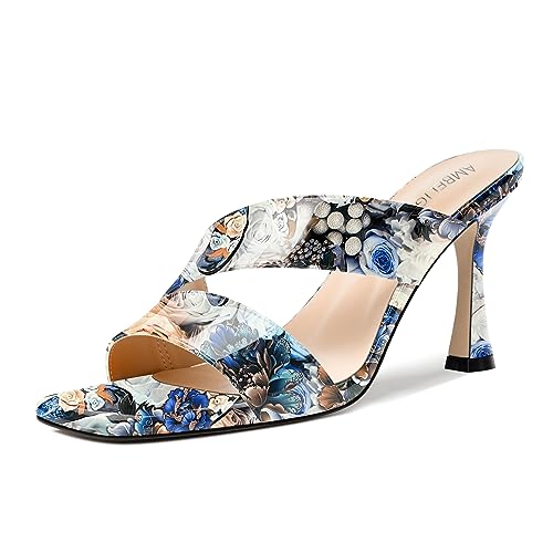 AMBELIGHT Damen-Sandalen zum Hineinschlüpfen, quadratischer Zehenbereich, Nachtclub, Kleid, Spule, High Heel, modische Sandalen, 8,4 cm, blaue blume, 42 EU von AMBELIGHT