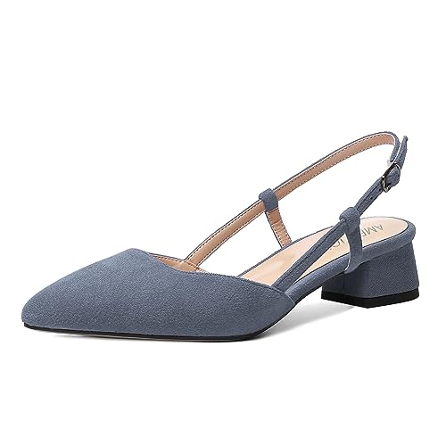 AMBELIGHT Damen Solid Night Club Casual Slingback Schnalle Wildleder Spitze Zehen Chunky Low Heel Pumps 3,8 cm, grau/blau, 39.5 EU von AMBELIGHT