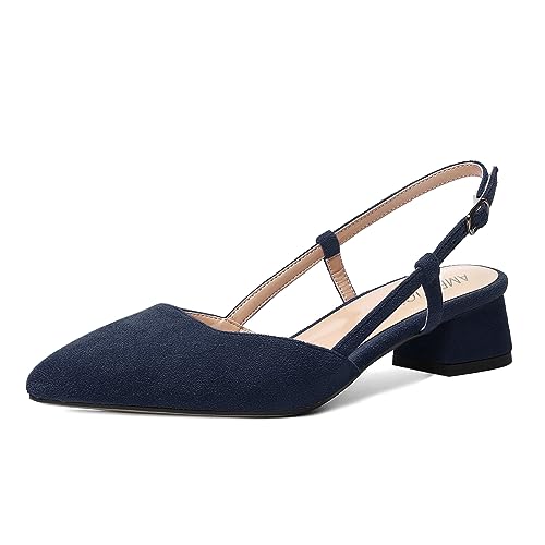 AMBELIGHT Damen Solid Night Club Casual Slingback Schnalle Wildleder Spitze Zehen Chunky Low Heel Pumps 3,8 cm, marineblau, 39 EU von AMBELIGHT